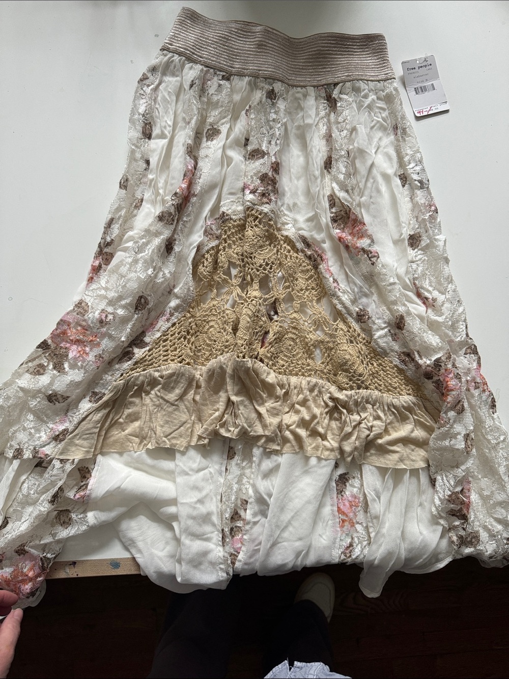 Free People Floral Lace High-Low Skirt in Cream, Tan and Pink